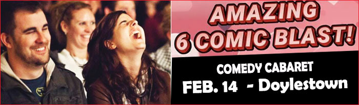 Amazing 6 Comic Blast on Valentines! Starring Comedian Steve Young is an award-winning author and television writer for shows like  Boy Meets World, Cybil” and  The Tonight Show.  He has opened for stars like Jay Leno, Jerry Seinfeld, Eddie Murphy and Jim Carey. His comedy callback skills will amaze you and crack you up! Headliner #2 is Bill Chiang!, Seen on Comcast Comedy, This funny man will make you laugh until your sides hurt! One of the funniest comics on the comedy circuit! Also making you laugh is headliner #3, the hilarious Belynda Cleare! You will also see funny new comic Jack Mathew and Philly Funny guy Ahson Latif! Hosted by comedy competition winner Kevin Tiers!